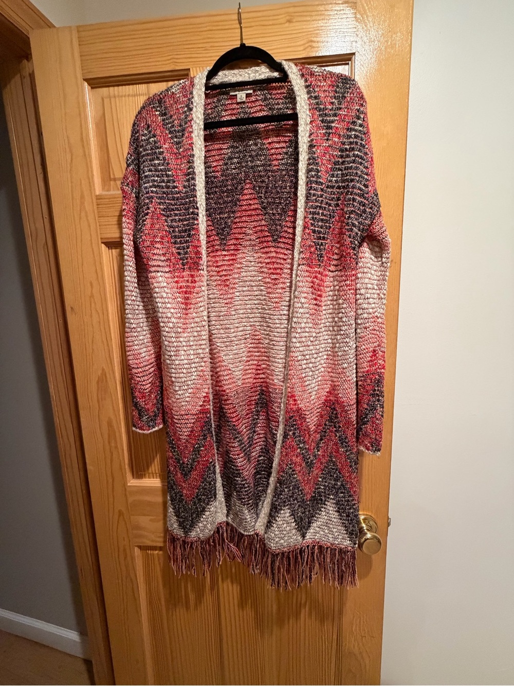 Lucky Brand Chevron Fringe Open-Front Cardigan in Red, Gray, Cream